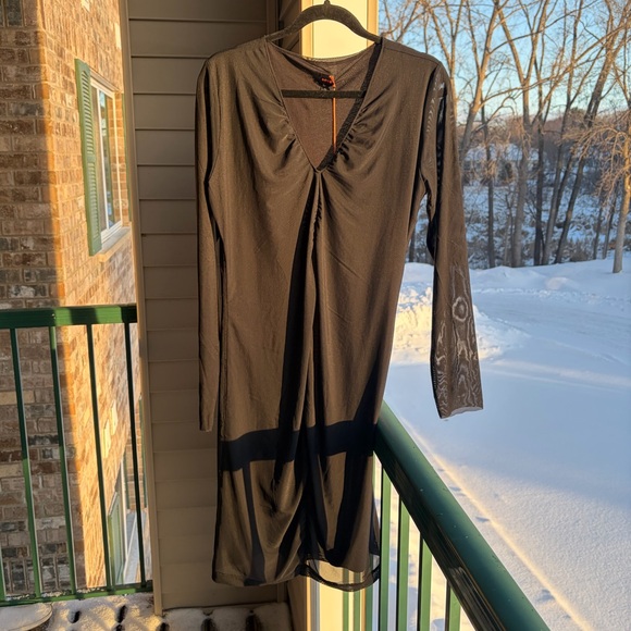 🆕 BOSS by Hugo Boss Black Sheer Mesh Ruched Long Midi Dress Size XL Casual - Picture 3 of 16